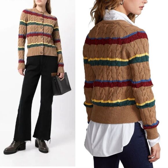 Polo Ralph Lauren Striped Cable Knit Cardigan Camel Wool Cotton XL Preppy $499 - Picture 13 of 13